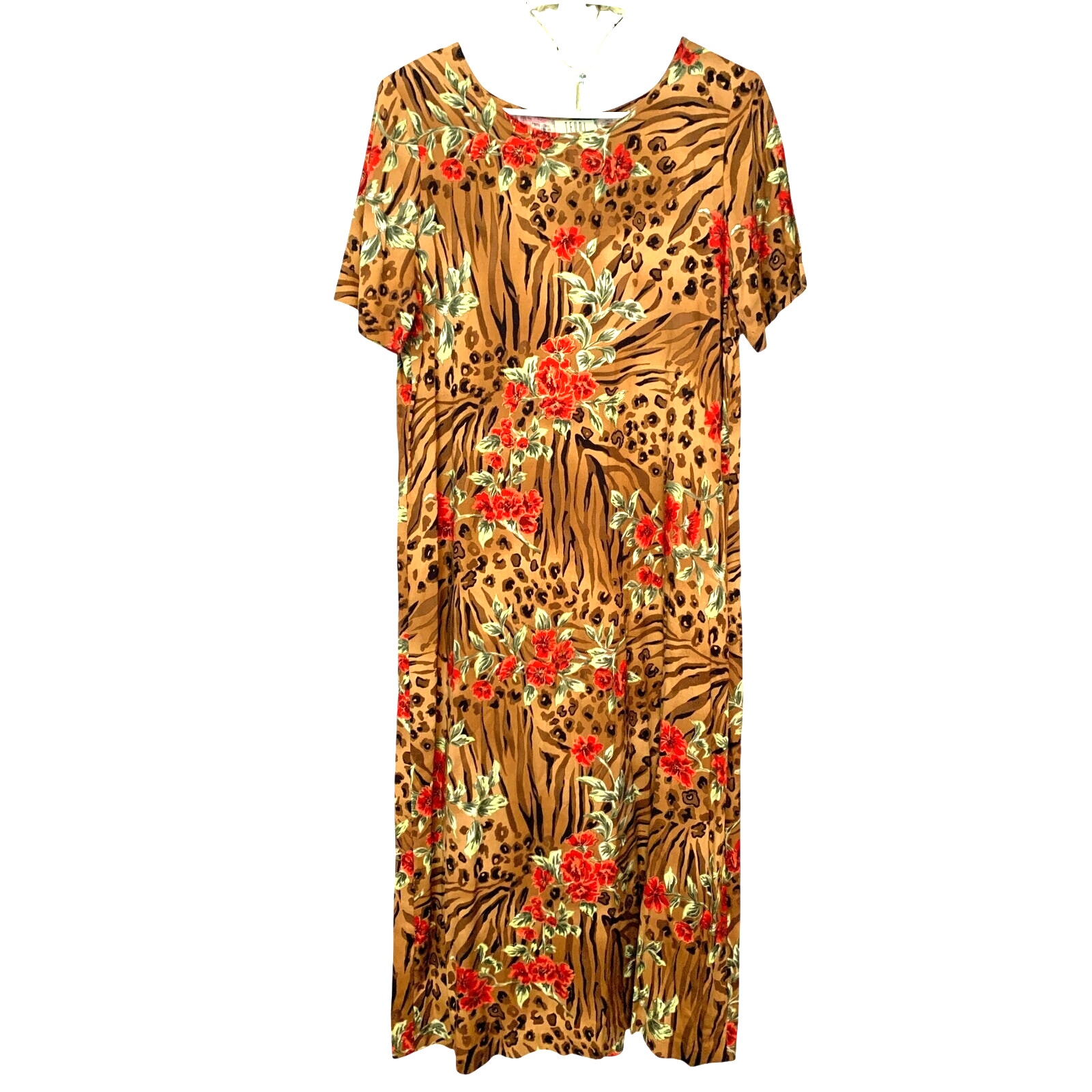 Vtg Teddi Brown Leopard/Zebra Print Maxi Dress Red Floral Accents M